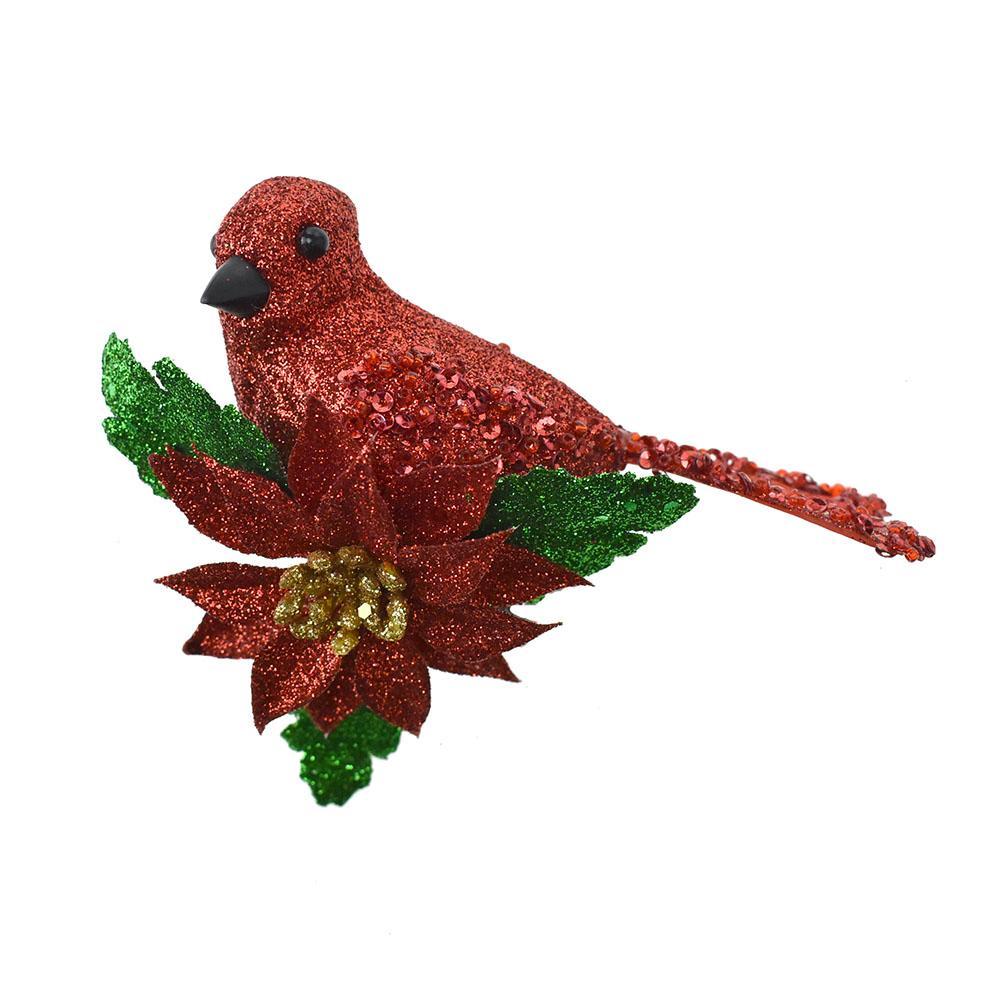 Glitter Cardinal with Poinsettia Flower Clip-On, 4-Inch