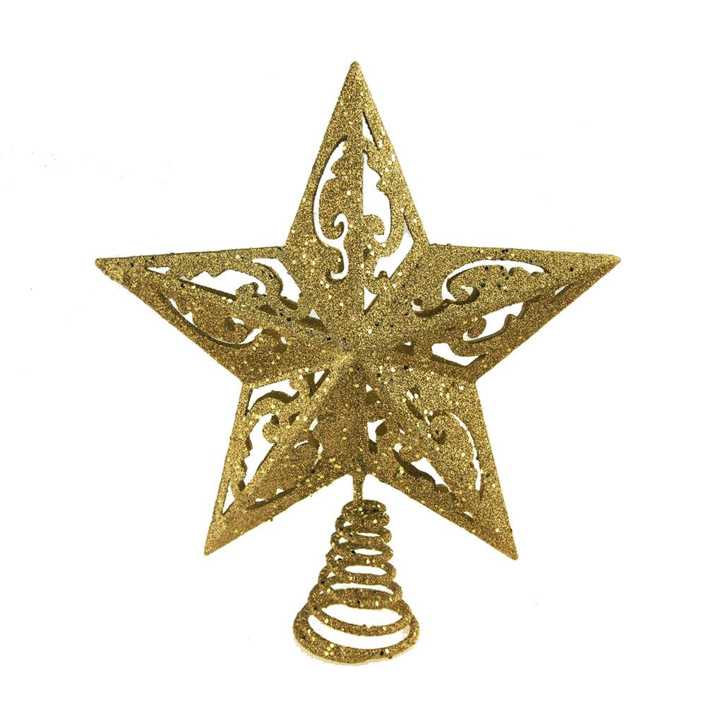 Glitter 5 Point Star Christmas Tree Top, Gold, 9-Inch