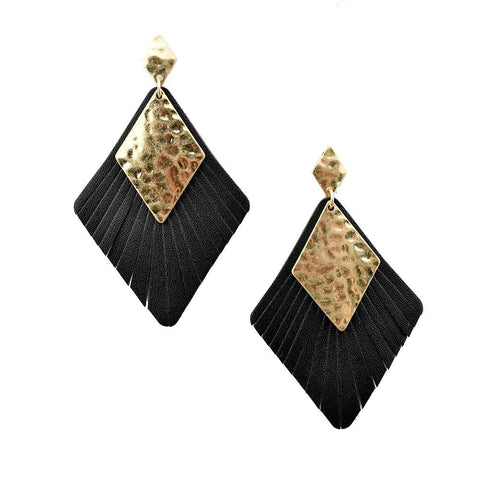 Black Diamond Shaped Leather with Metal Earrings, 3-Inch