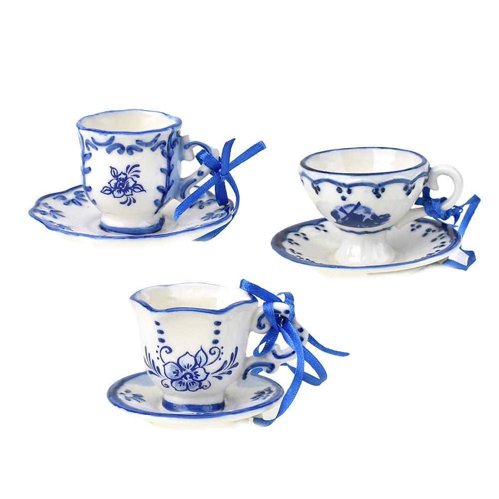 Porcelain Teacup and Saucer Christmas Ornaments, 2-Inch, 3-Piece