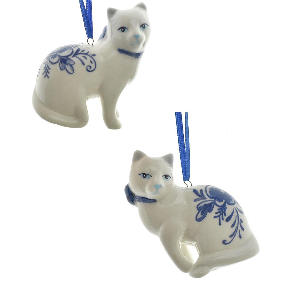 Delft Blue Cat Ornaments, White, 2-Piece