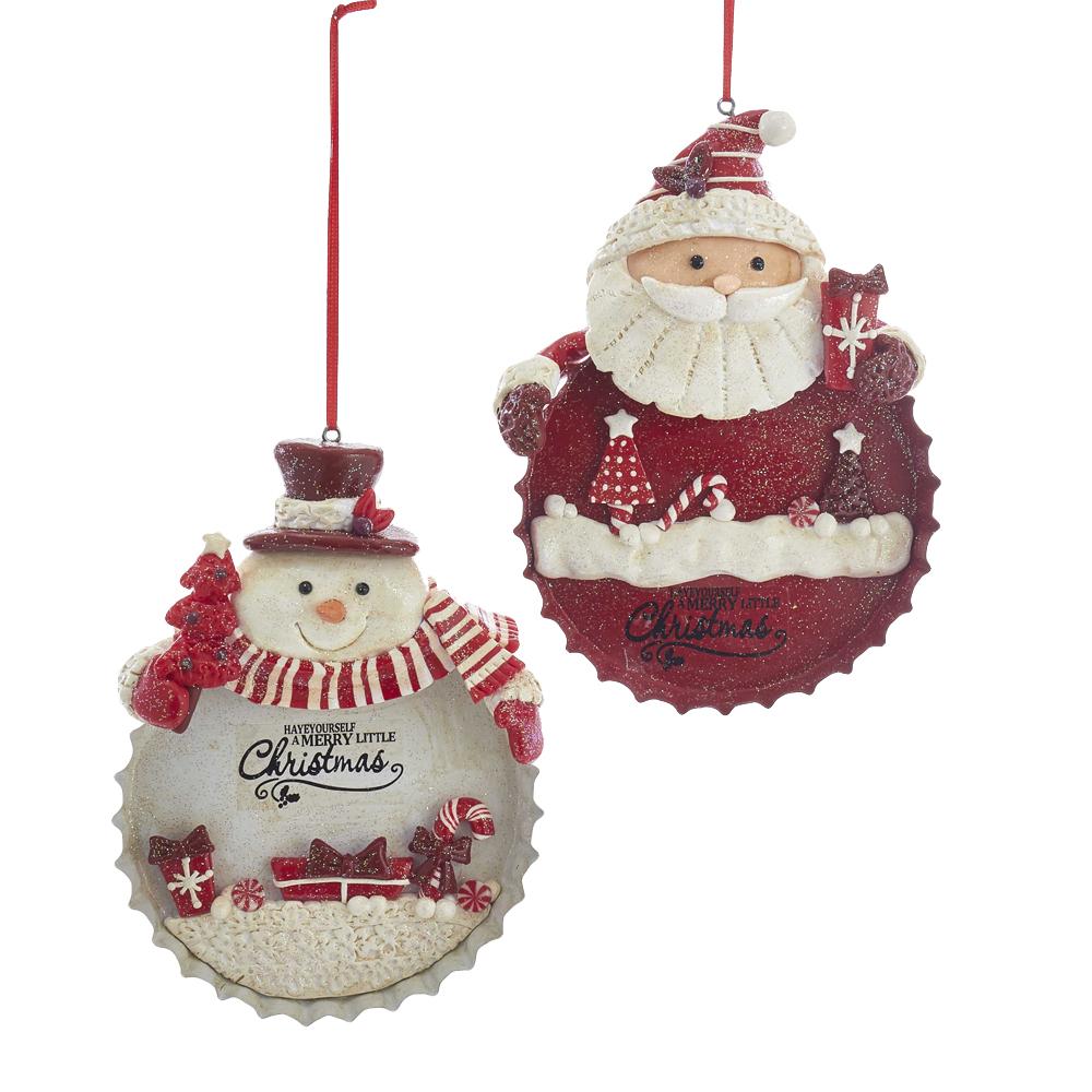 Santa and Snowman Bottle Cap Christmas Ornaments, 6-Inch, 2-Piece