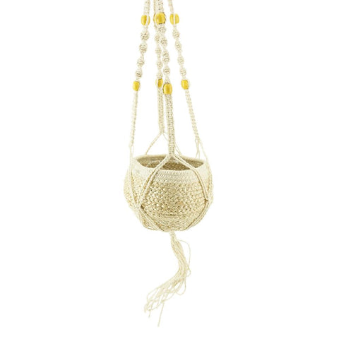 Cotton Plant Hanger Holder with Yellow Beads, Ivory, 37-Inch