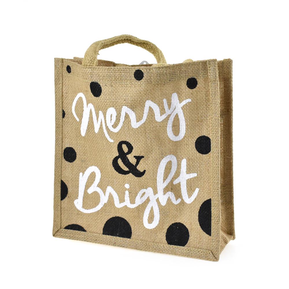 Merry & Bright Jute Square Burlap Christmas Tote, 10-Inch