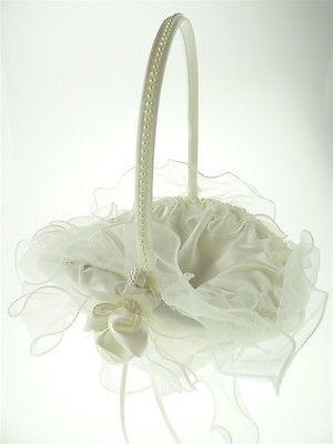 Satin Flower Girl Baskets Wedding Ceremony, 8-inch, Ruffled Organza (Oval), Ivory, CLOSEOUT