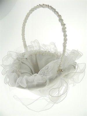Satin Flower Girl Baskets Wedding Ceremony, 8-inch, Ruffled Lace w/ Pearl (Oval), White, CLOSEOUT