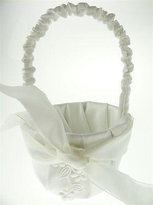 Satin Flower Girl Baskets Wedding Ceremony, 7-1/2-inch, Flower & Satin Bow, White, CLOSEOUT