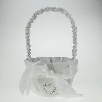 Satin Flower Girl Baskets Wedding Ceremony, 8-inch, Rhinestone Heart Basket, White, CLOSEOUT