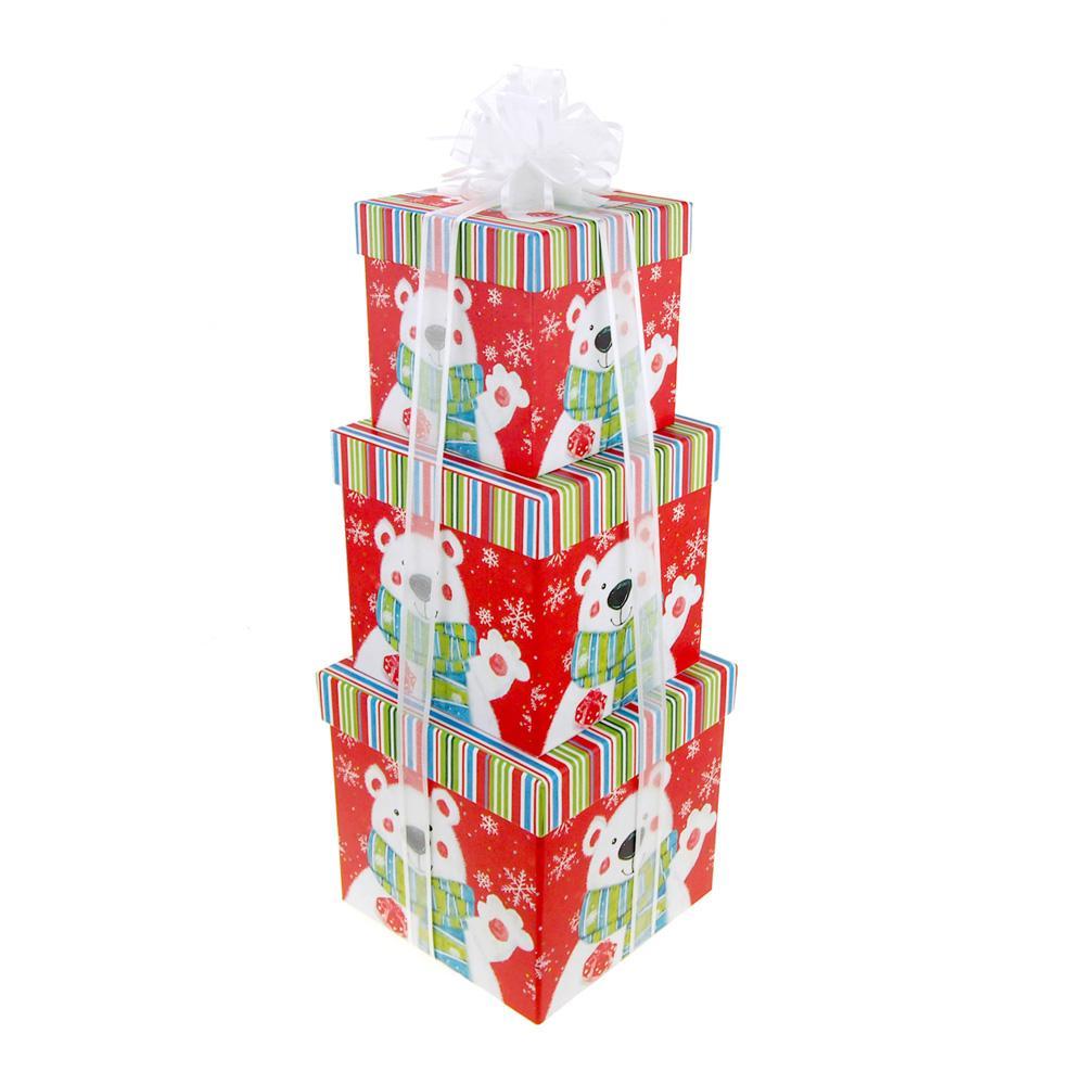 Holiday Polar Bear Square Nested Christmas Gift Boxes, 5, 6 and 7-Inch, 3-Piece