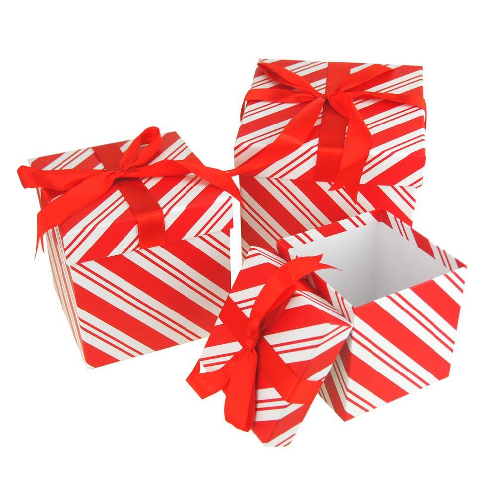 Candy Cane Stripe Nested Holiday Christmas Gift Boxes, 5, 6 and 7-Inch, 3-Piece