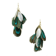 Hanging Leather and Feather Cluster Earrings, 1-3/4-Inch