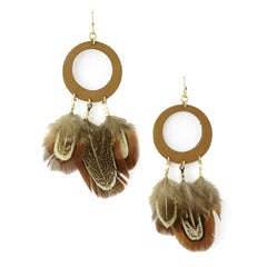 Hanging Leather and Feather Hoop Earrings, 3-Inch