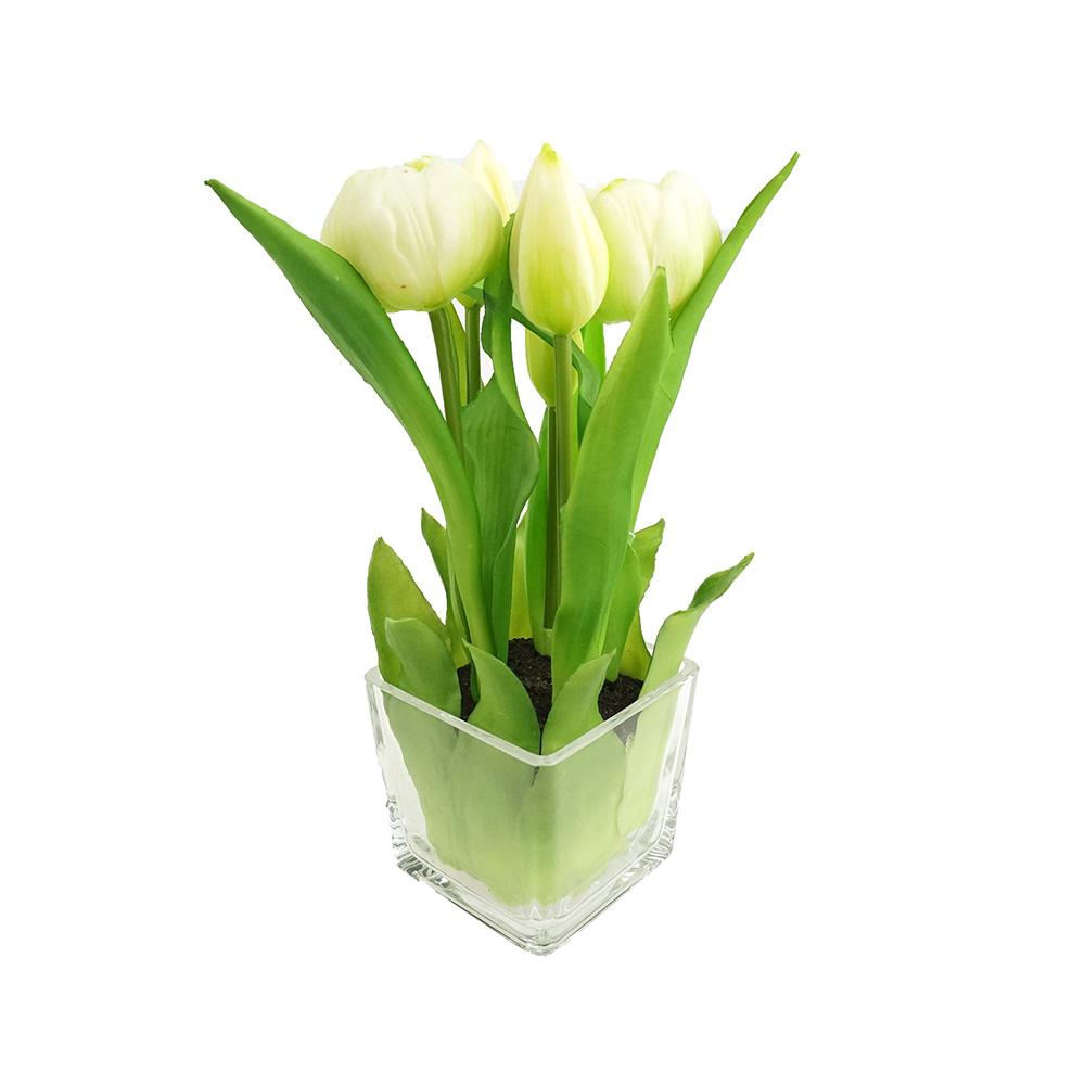 Artificial Tulip in Glass Vase Home Accent, 9-Inch