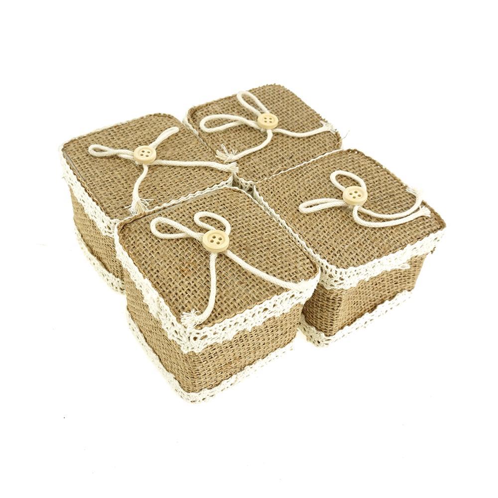 Mini Square Burlap Favor Gift Boxes, Natural, 2-3/4-Inch, 12-Count