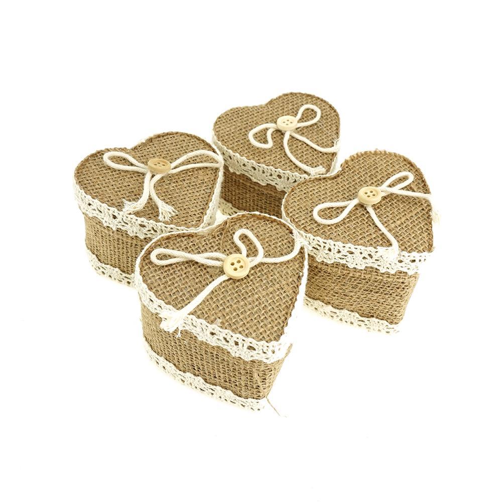Mini Heart Burlap Favor Gift Boxes, Natural, 3-Inch, 12-Count