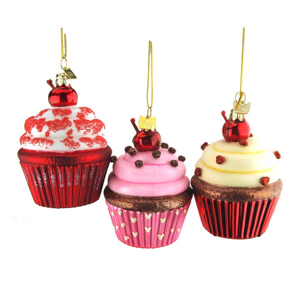 Glass Cupcake Christmas Ornaments, 4-Inch, 3-Piece