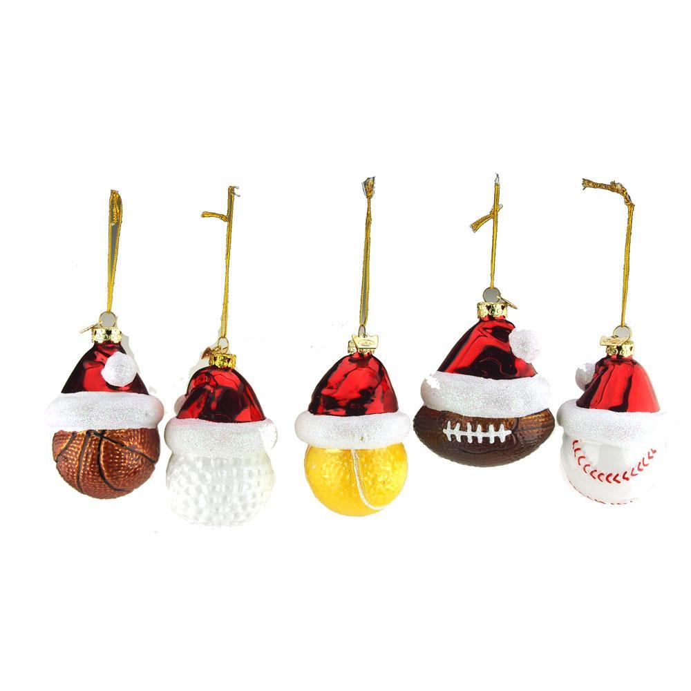 Sports Ball with Santa Hat Glass Christmas Tree Ornaments, 3-1/2-Inch, 5-Piece