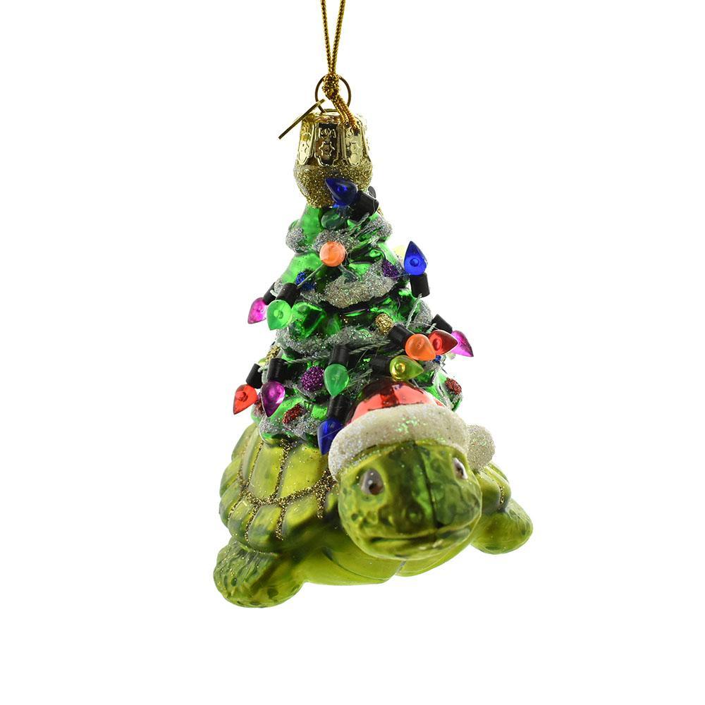 Noble Gems Glass Turtle with Christmas Tree Ornament, Green, 4-Inch