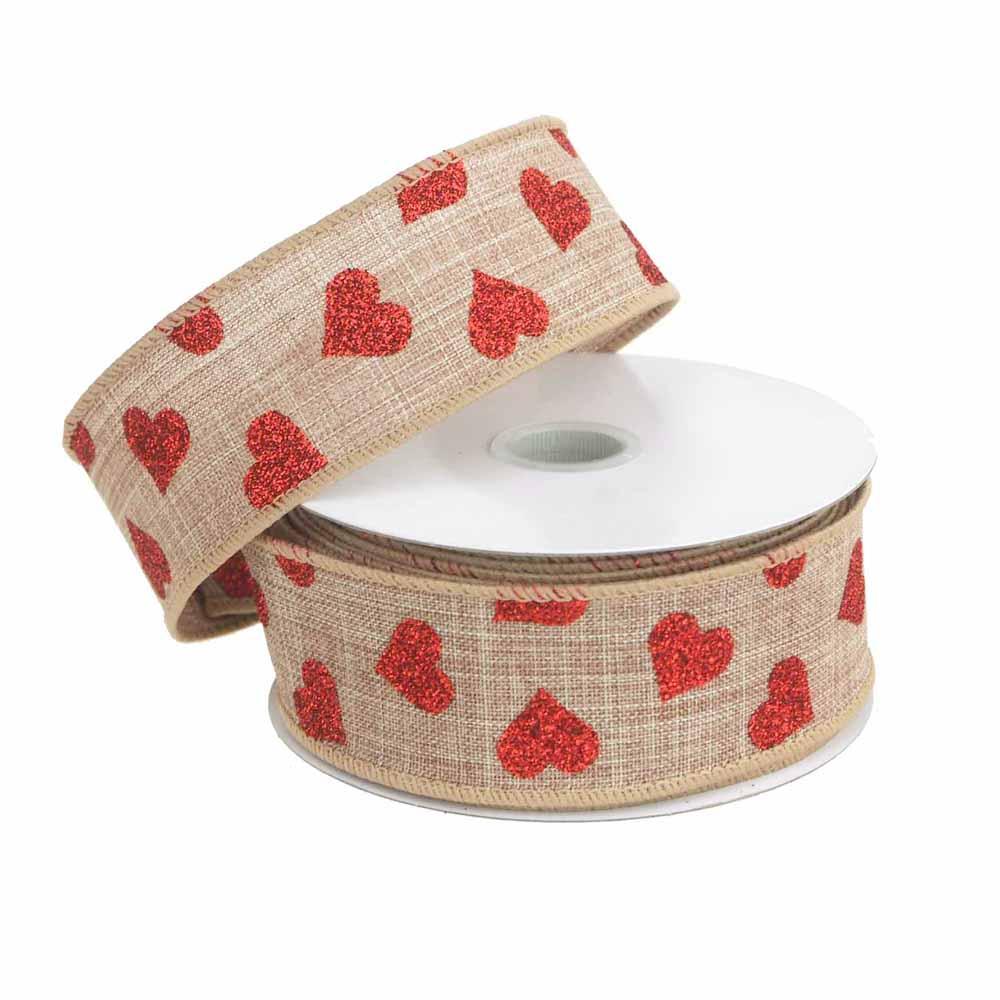 Glitter Hearts Canvas Ribbon Wired Edge, Red/Natural, 1-1/2-Inch, 10 Yards