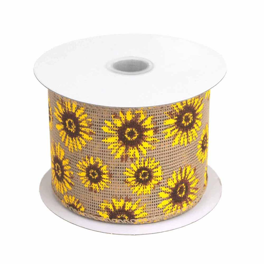 Sun Flowers Faux Burlap Ribbon Wired edge, 2-1/2-Inch, 10 Yards