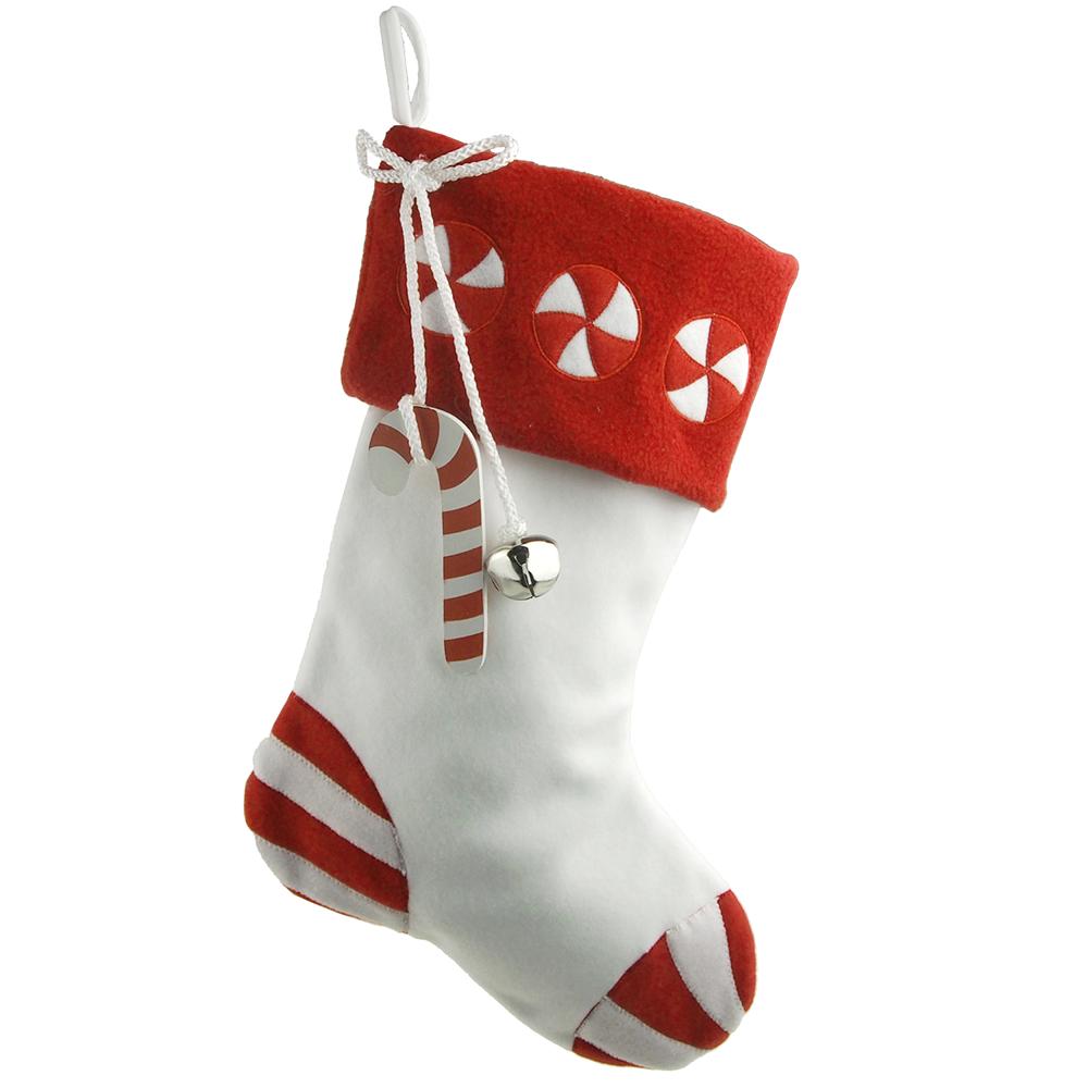Candy Cane with Bell Christmas Stockings, White/Red, 17-Inch
