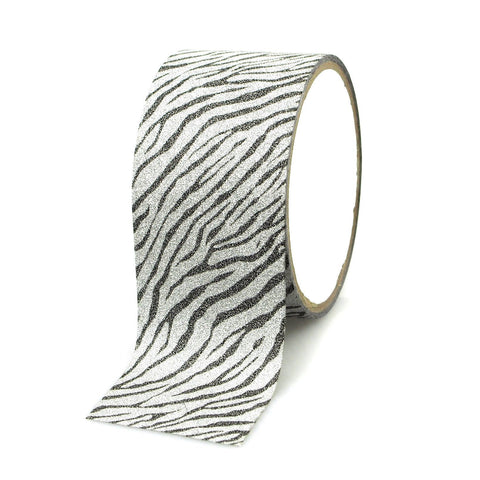Glittery Zebra Print Tape Ribbon, 2-inch, 5-yard, Silver