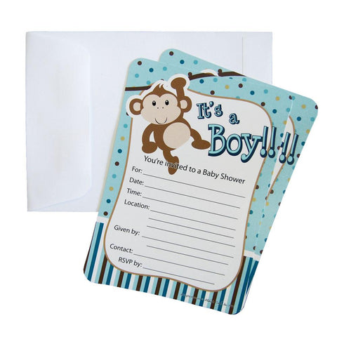 Baby Shower Invitation Envelope, Monkey, Light Blue, 7-Inch, 12-Piece