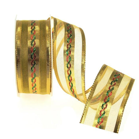 Metallic Gold Center Stripe Metallic Ribbon Wired Edge, 1-1/2-inch, 20-yard