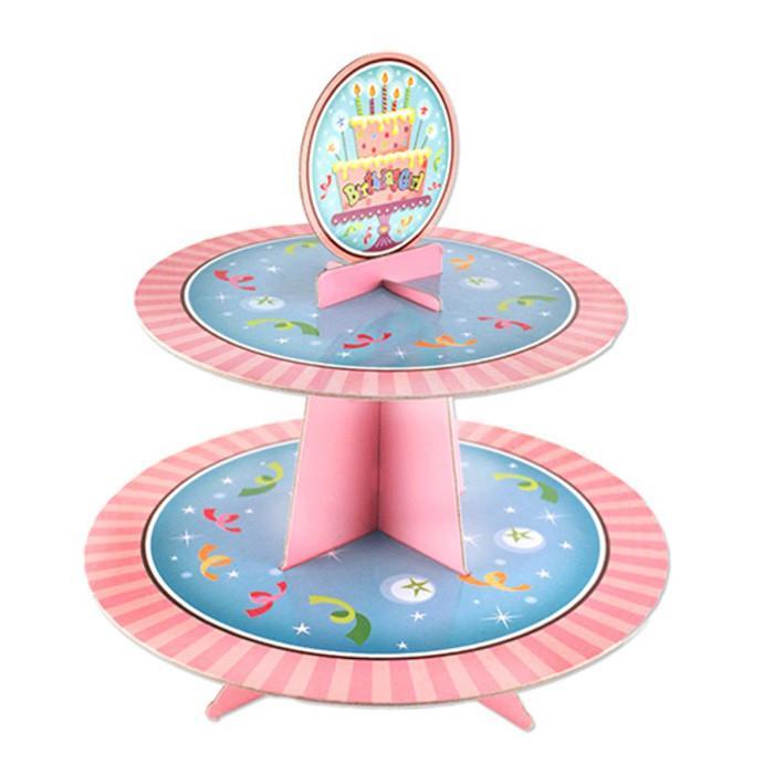 Birthday Girl Cardboard Cupcake Stand, Blue/Pink, 2-Tier, 11-Inch