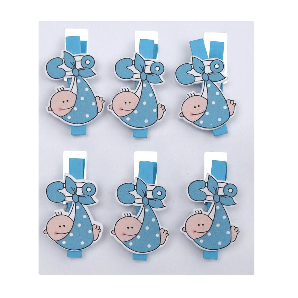 Baby with Safety Pin Wooden Clothespins Favors, 2-Inch, 6-Piece, Blue