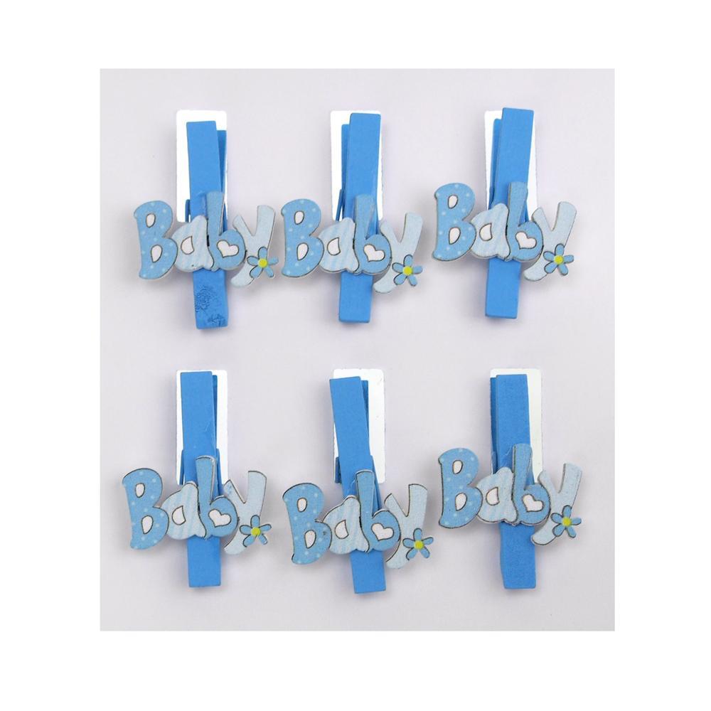 Floral Baby Wooden Clothespins Favors, 2-Inch, 6-Piece, Blue