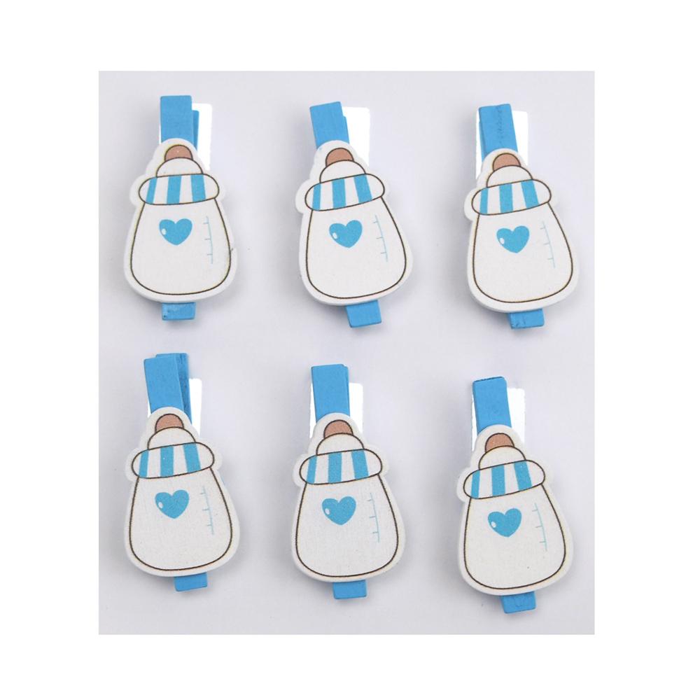 Milk Bottle with Heart Wooden Clothespins Baby Favors, 2-Inch, 6-Piece, Blue