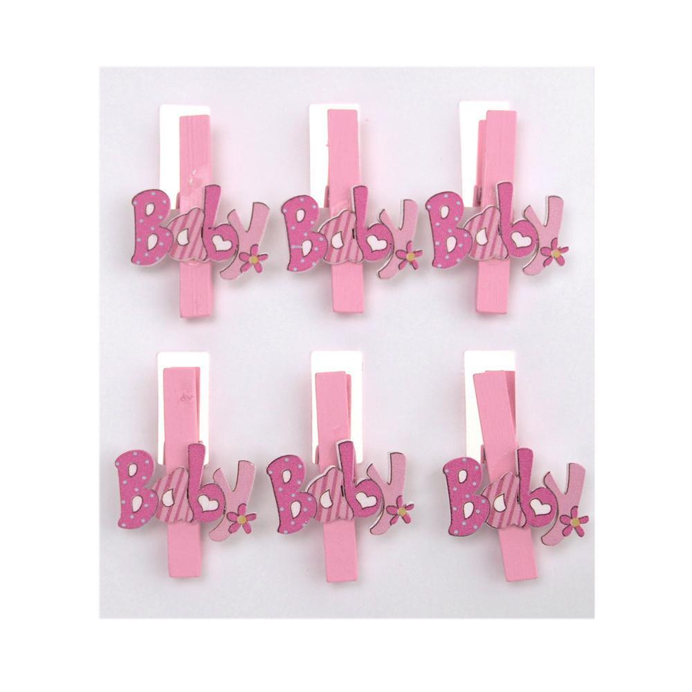 Floral Baby Wooden Clothespins Favors, 2-Inch, 6-Piece, Pink