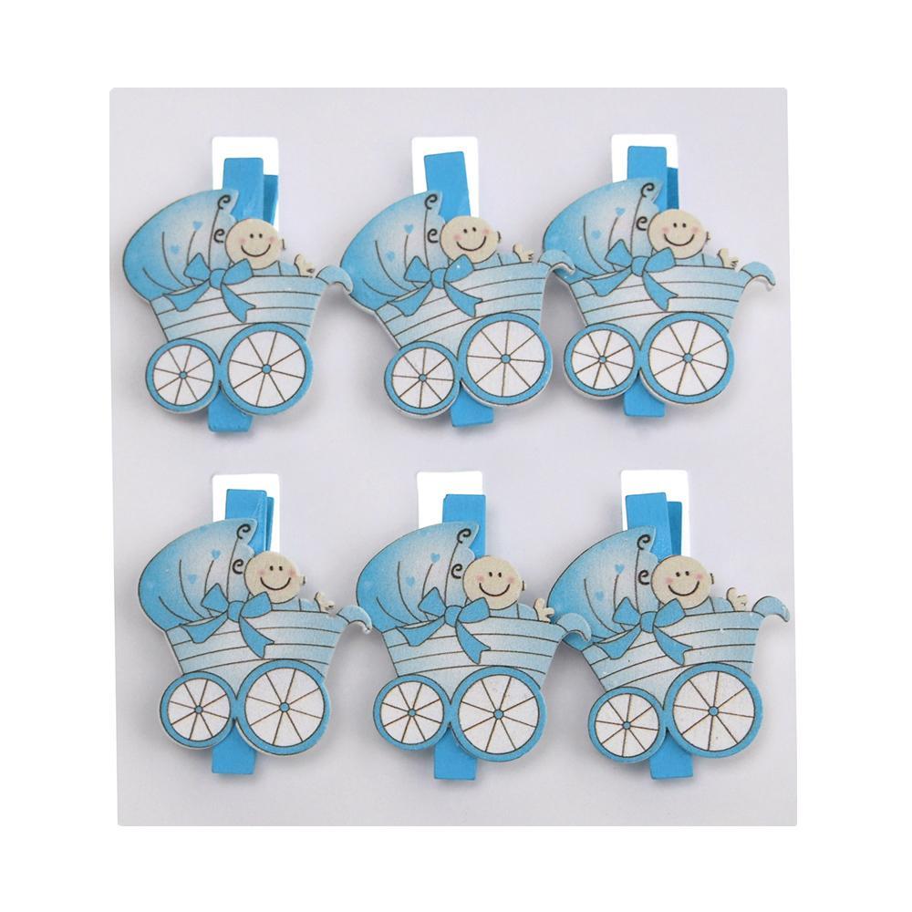 Stroller Wooden Clothespins Baby Favors, 2-Inch, 6-Piece, Blue