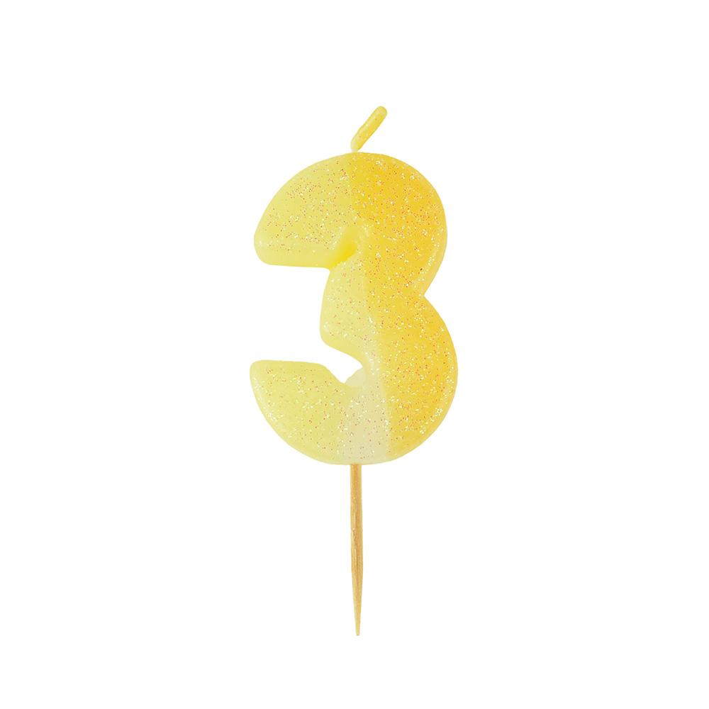 Number 3 Glittered Birthday Candle, Yellow, 2-Inch