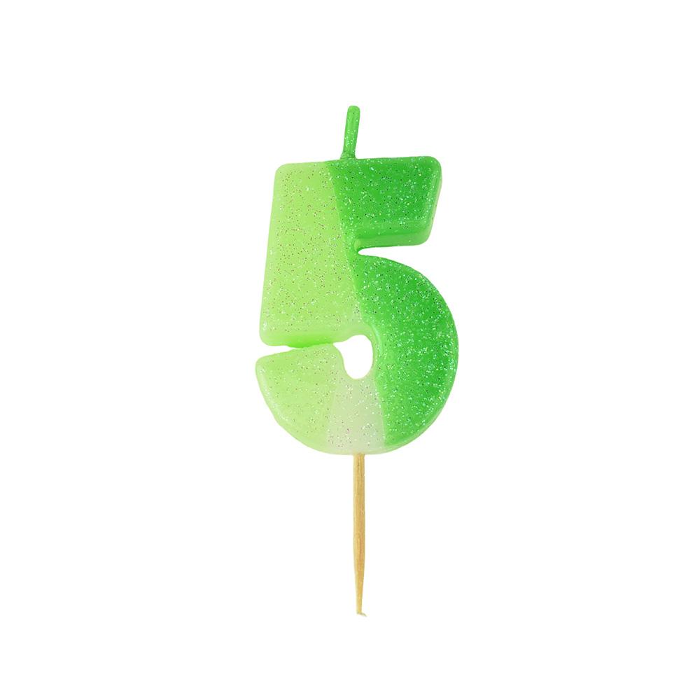 Number 5 Glittered Birthday Candle, Green, 2-Inch