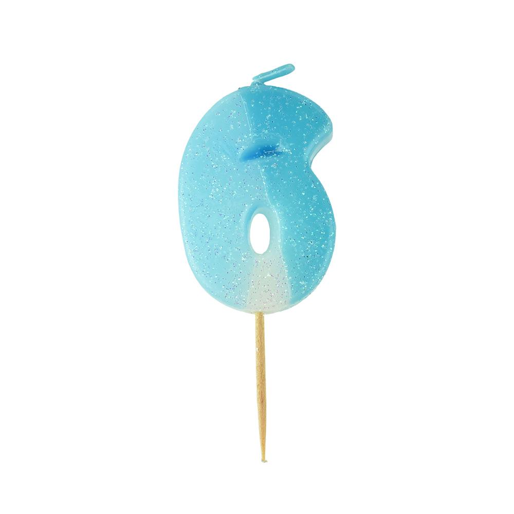 Number 6 Glittered Birthday Candle, 1-3/4-inch, Blue