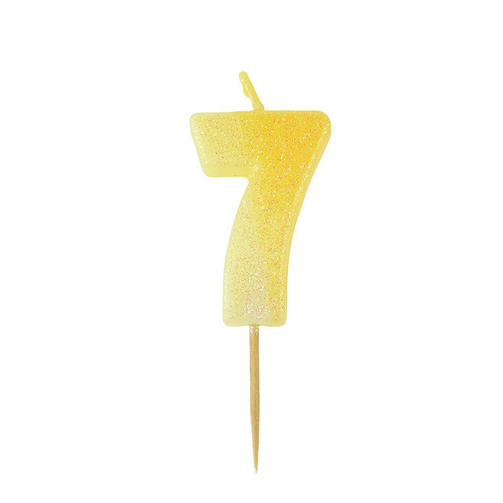 Number 7 Glittered Birthday Candle, Yellow, 2-Inch
