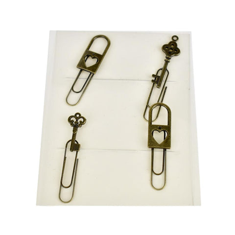 Vintage Style Locket & Key Paper Clips, Bronze, 4-Piece