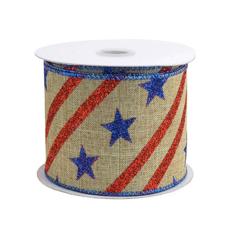 Glitter Stars Striped Faux Burlap Ribbon, 2-1/2-Inch, 10 Yards