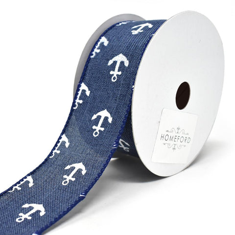 Nautical White Anchor Canvas Wired Ribbon, Dark Jean, 1-1/2-Inch, 10-Yard