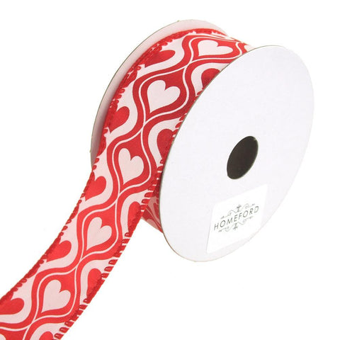 Hourglass Hearts Satin Ribbon Wired Edge, Red/White, 1-1/2-Inch, 10 Yards
