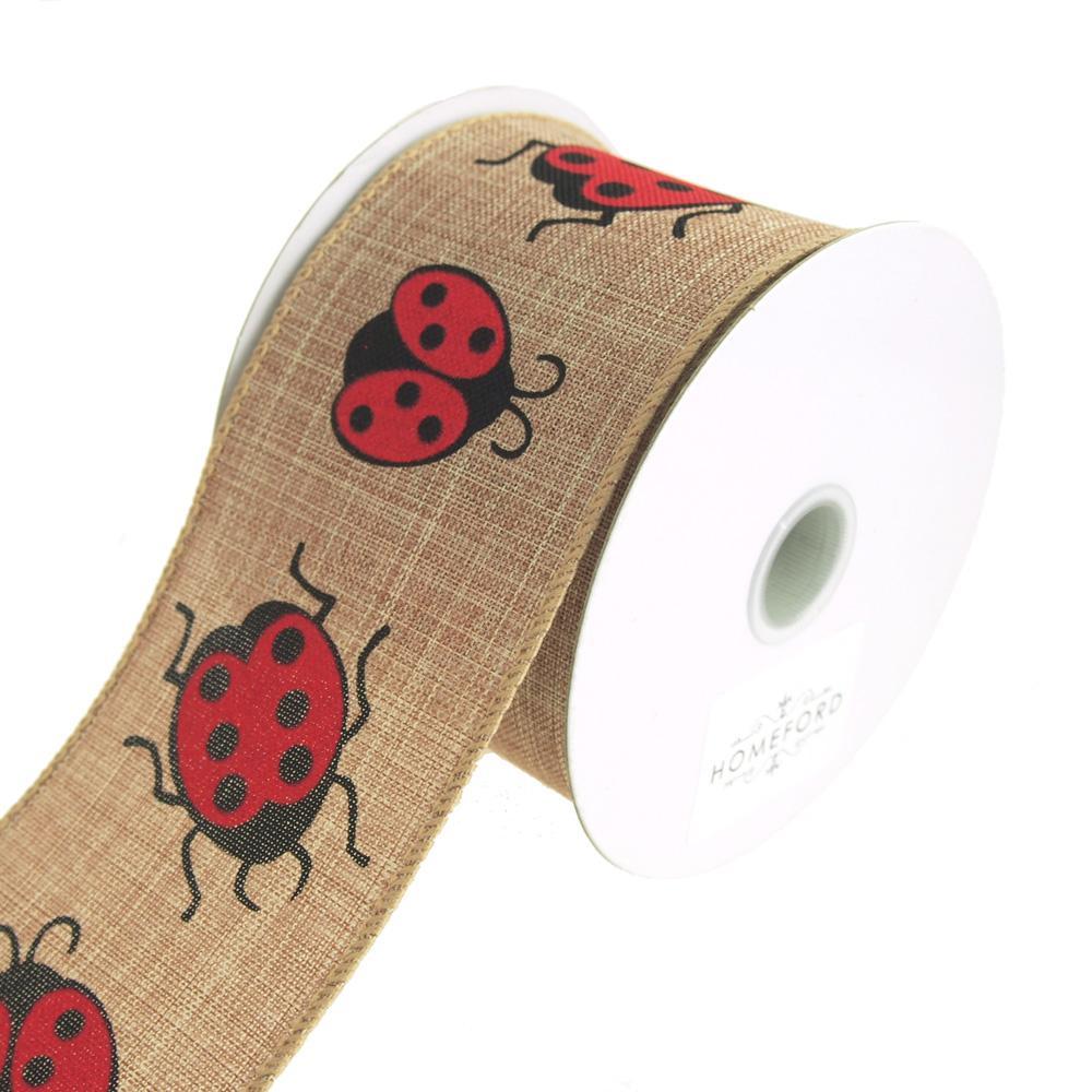Lady Bug Print Canvas Ribbon Wired edge, 2-1/2-Inch, 10 Yards, Natural