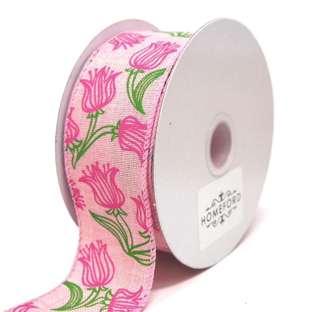 Fuchsia Tulips Outline Linen Wired Ribbon, 10 Yards