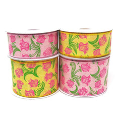 Fuchsia Tulips Outline Linen Wired Ribbon, 10 Yards