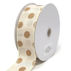 Gold Polka Dots Faux Burlap Wired Ribbon, Ivory, 10 Yards