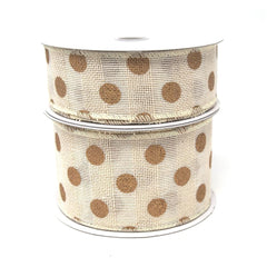 Gold Polka Dots Faux Burlap Wired Ribbon, Ivory, 10 Yards