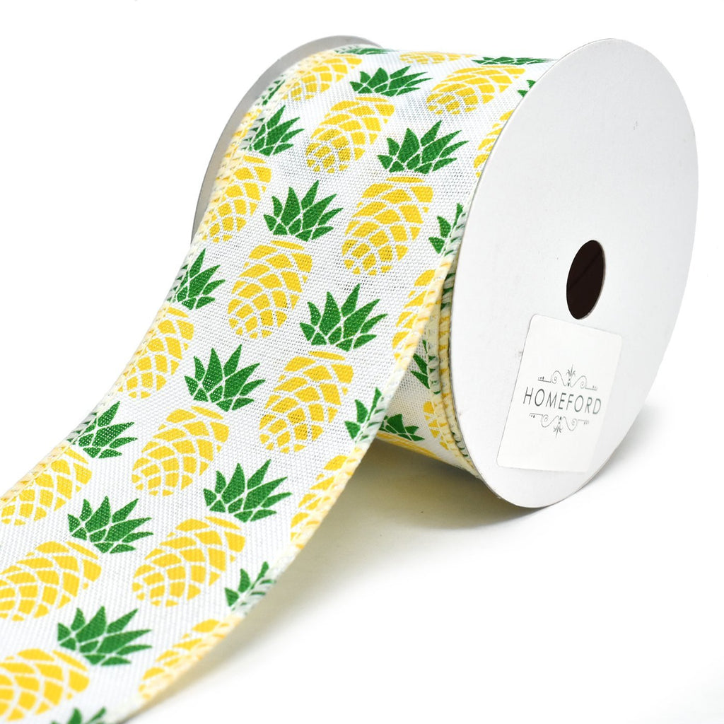 Pineapple Printed Wired Linen Ribbon, White, 2-1/2-Inch, 10-Yard
