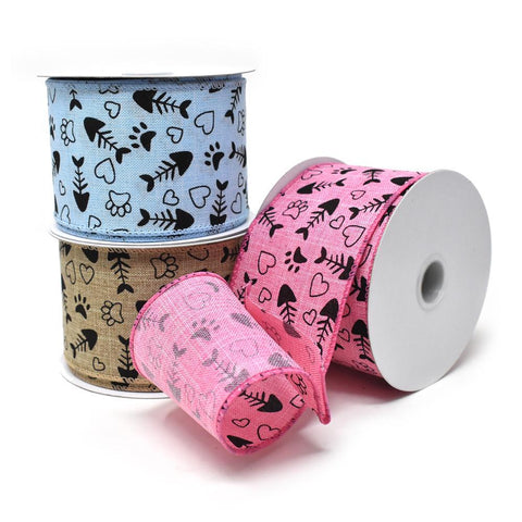 Kitty Cat Paws and Fish Bones Wired Linen Ribbon, 2-1/2-Inch, 10-Yard