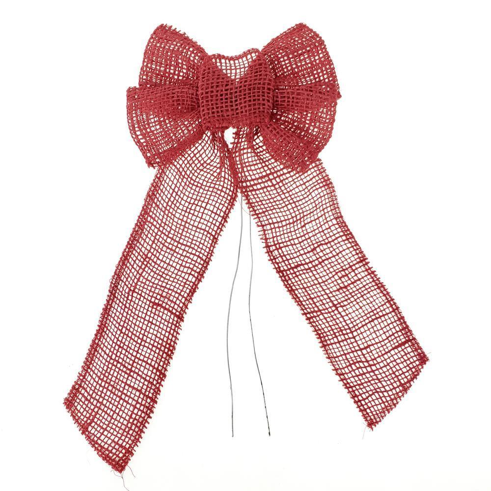 Natural Burlap Bow with Wire, Red, 10-Inch